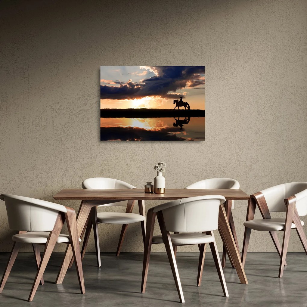Üveg kép - Lovas egy lovon naplementében (70x50 cm)