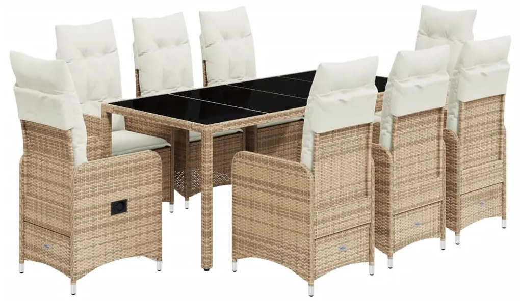 9 részes bézs polyrattan kerti bisztrógarnitúra párnákkal