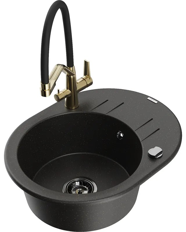 Mexen Kevin gránit mosogató 1-medencés konyhai csapteleppel Duo, fekete/arany metál - 6517-75-671701-57-B