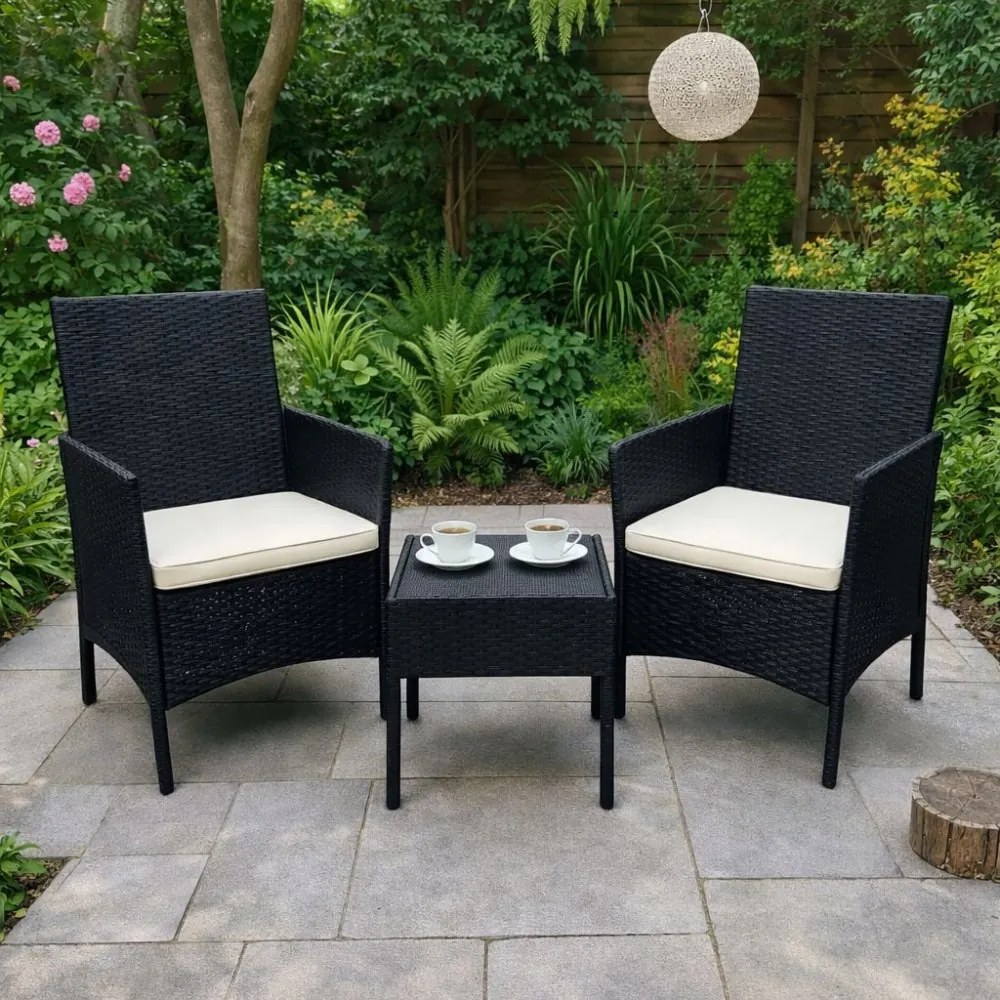 Rattan kerti bútor - 2 szék + asztal szett fekete