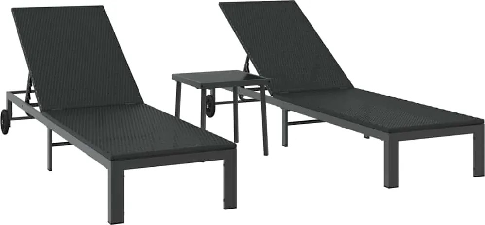 vidaXL Napozóágy 2-személy 3 pcs Fekete polirattan