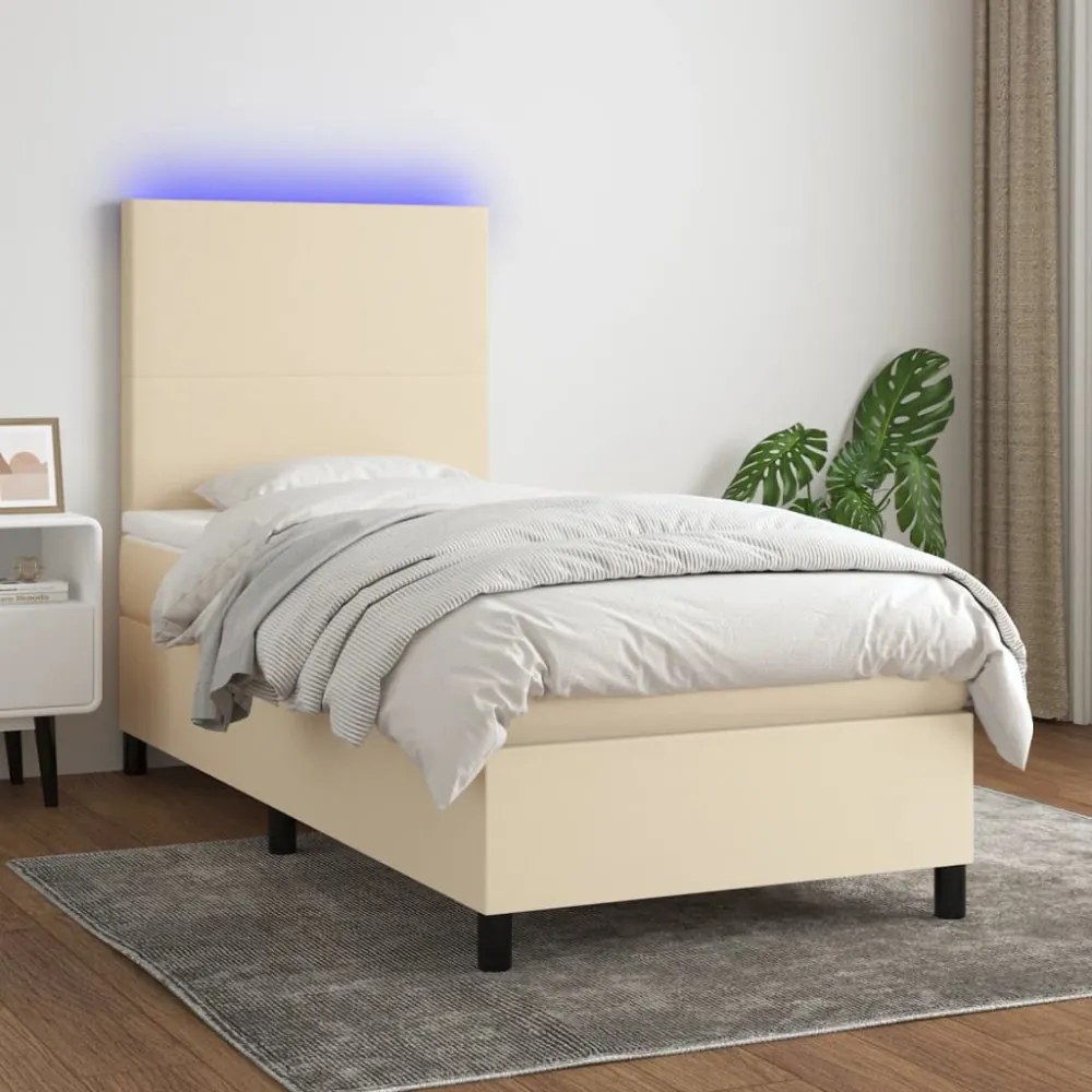 krémszínű szövet rugós és LED-es ágy matraccal 100x200 cm
