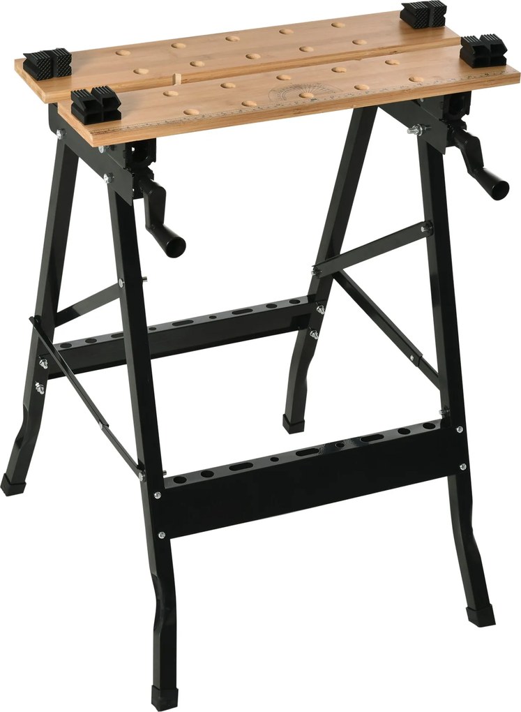 HOMCOM Összecsukható Mobil Munkapad Állítható Bambusz és Acél Lemezekkel 150 kg Kapacitással 63.5x60.5x78 cm Természetes Fa és Fekete | Aosom
