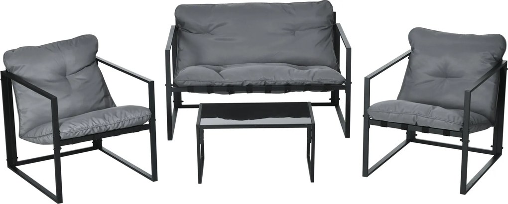 Outsunny 4 Fős Kerti Bútor Szett Acél Időjárásálló Erkélybútor Készlet 2 Személyes Kanapéval, Karosszékkel, Üvegasztallal, Kültéri Ülőgarnitúra Kert,