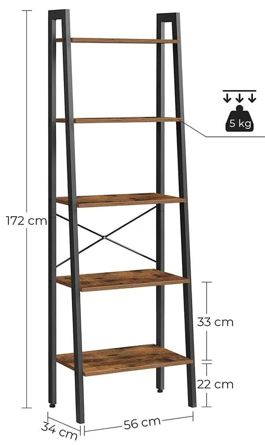 Létrapolc, 5 szintes ipari könyvespolc, rusztikus barna
