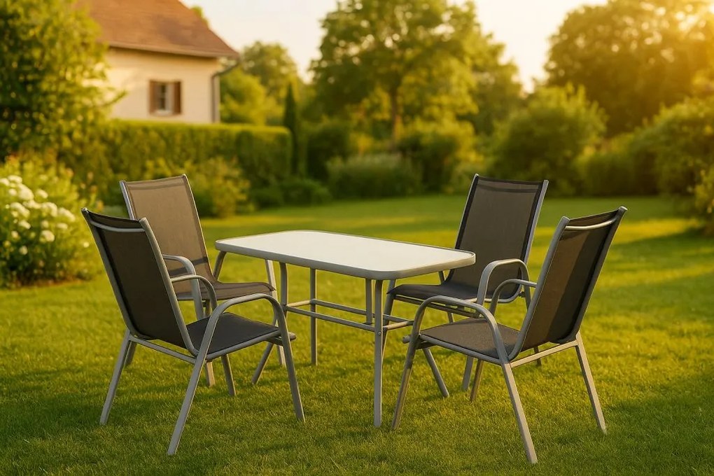 Kerti szett 5 db asztal biztonsági üveggel 4 székkel