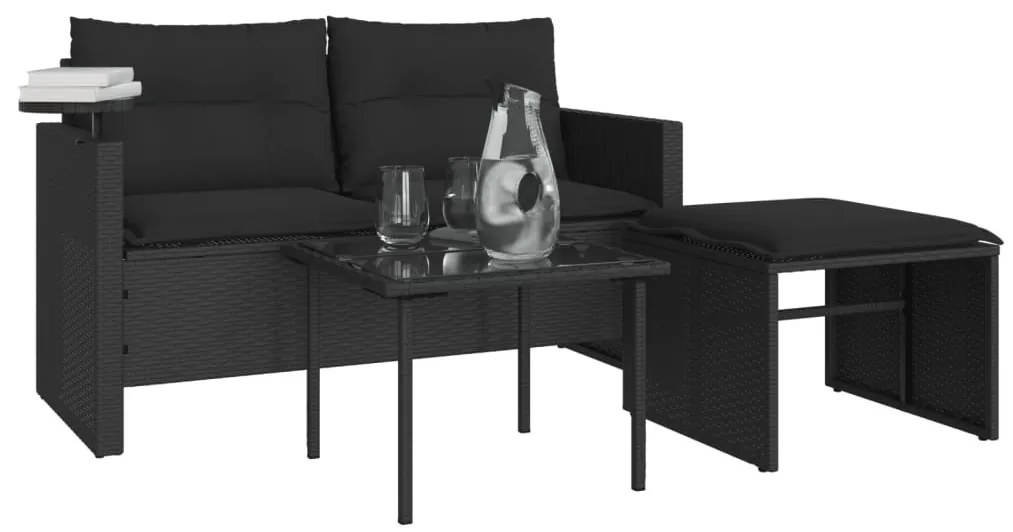 3 részes fekete polyrattan kerti ülőgarnitúra párnával