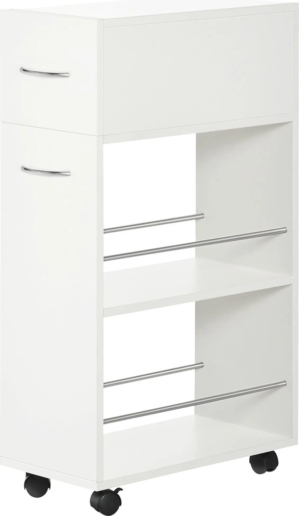 HOMCOM Konyhai Kocsi Kerekeken 1 Fiókkal és 2 Nyitott Polccal Étkezőbe, Nappaliba, Fürdőszobába 25 x 50 x 85 cm Fehér | Aosom
