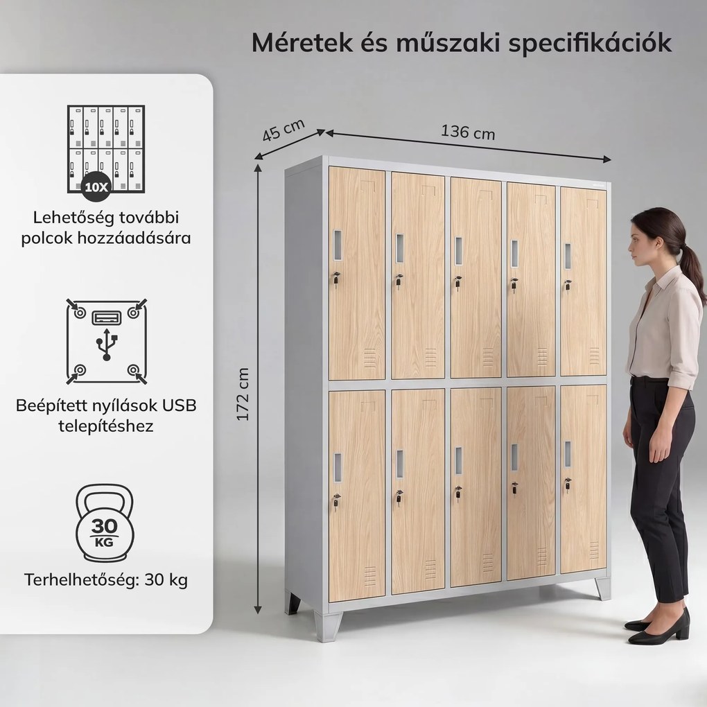 BHP öltözőszekrény 10 ajtós szürke / sonoma tölgy: Eco Design BARTEK 1360 x 1720 x 450 mm