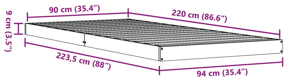 Ágykeret Fehér 90x220 cm Tömör Fenyő