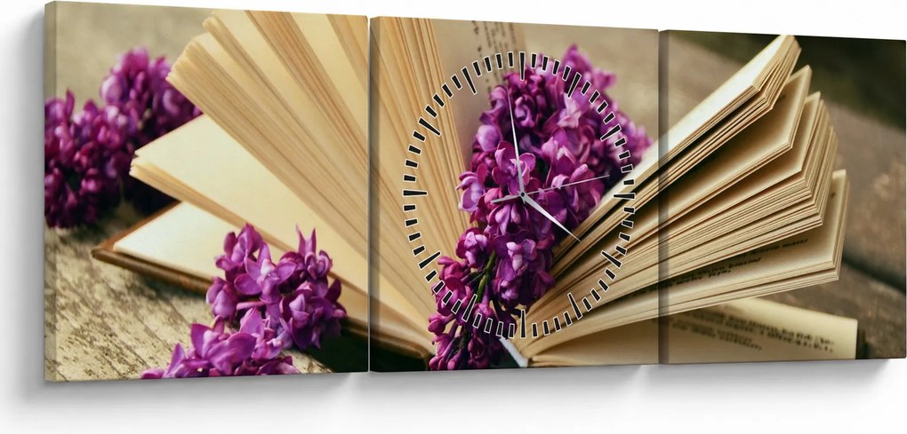 Kép egy könyvröl és a lila virágok (órával) (90x30 cm)