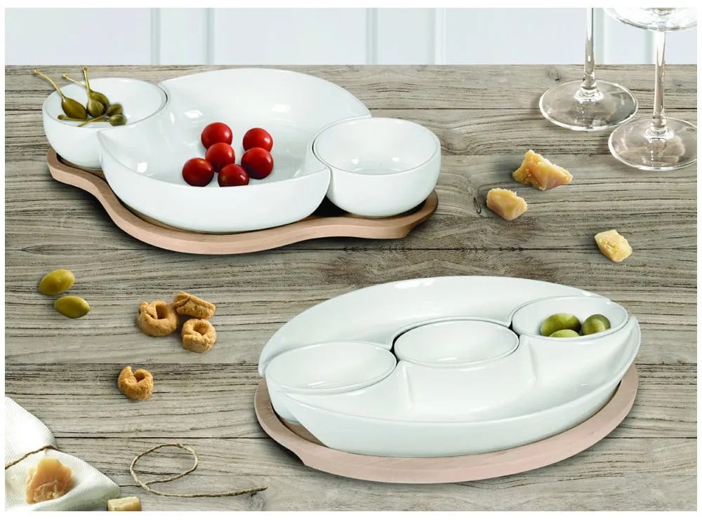 Plait fehér porcelán tál, bambusz tálcán - Brandani