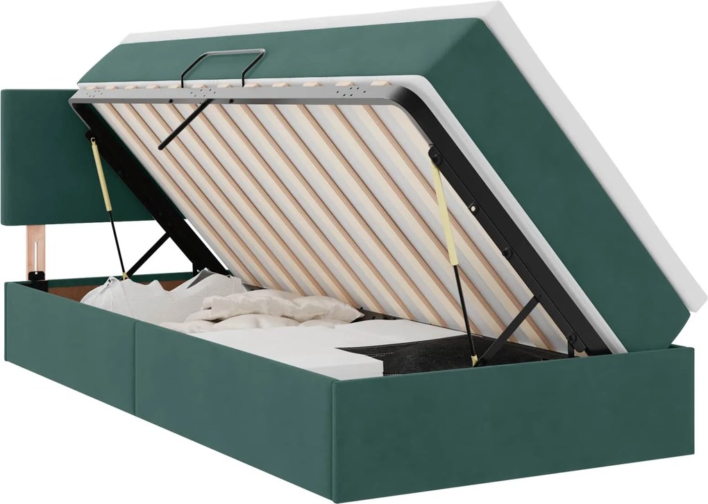 vidaXL Tárolós Ágy matracmal fejtámlával Sötétzöld 90 x 190 cm Bársony