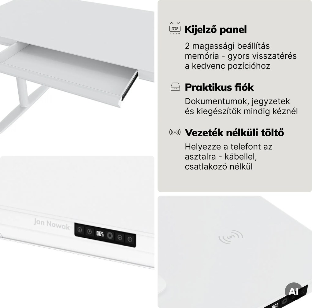 Elektromos ülő-álló íróasztal fiókkal és Qi vezeték nélküli töltővel fehér, 1400 mm: ELLIS
