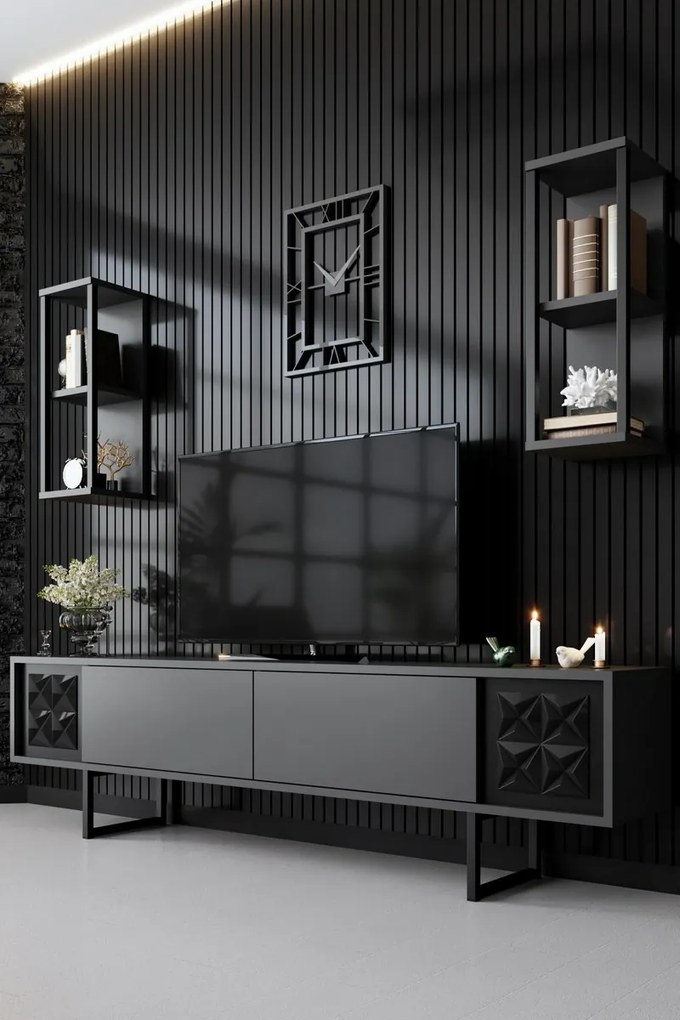 Line Anthracite and Black TV-állvány polcokkal