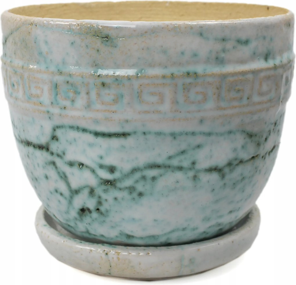 Virágtartó fedél Ø-18,5 cm, görög mintás, türkiz-fehér