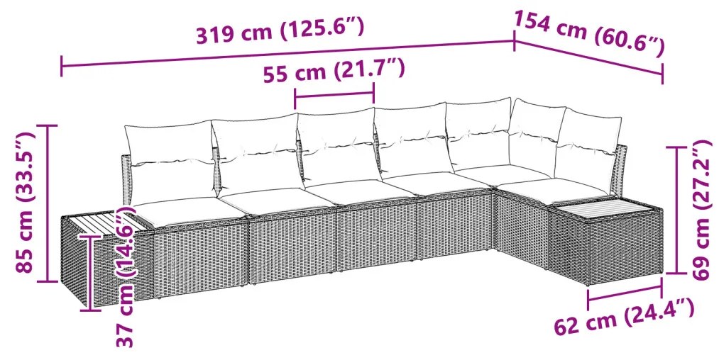 6 Darabos Kert Kanapé Szett Párnákkal Fekete Poli Rattan Acacia