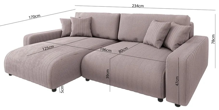 Világos rózsaszín kordbársony kinyitható sarokkanapé (variálható) Sara – Ropez