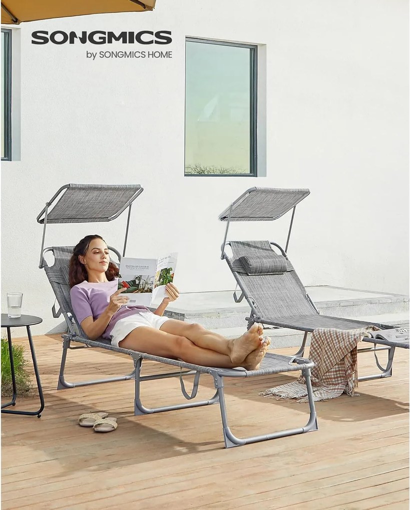 Összecsukható napozóágy napellenzővel 53 x 193 x 29,5 cm, 150 kg-ig terhelhető, Greige