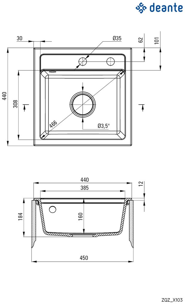 Deante Zorba, gránit mosogató 440x440x184 mm B / O, 3,5 "+ helytakarékos szifon, 1 kamrás, grafit fém, ZQZ_G103