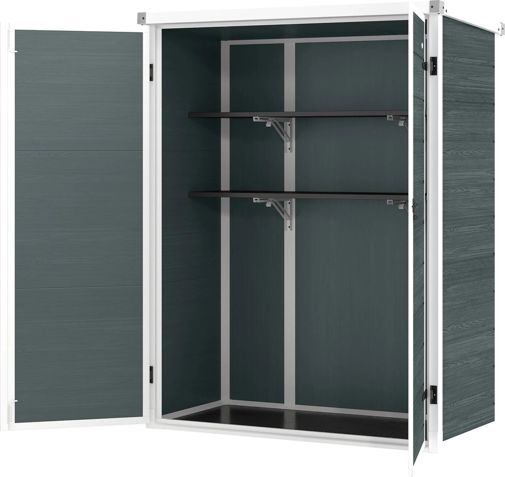 Outsunny kerti tároló, 0,81 m² — 134 x 68,5 x 170 cm, műanyag ház beépített padlóval, 2 lehajtható polccal, dupla zárható ajtó, szürke fa hatás | Aoso