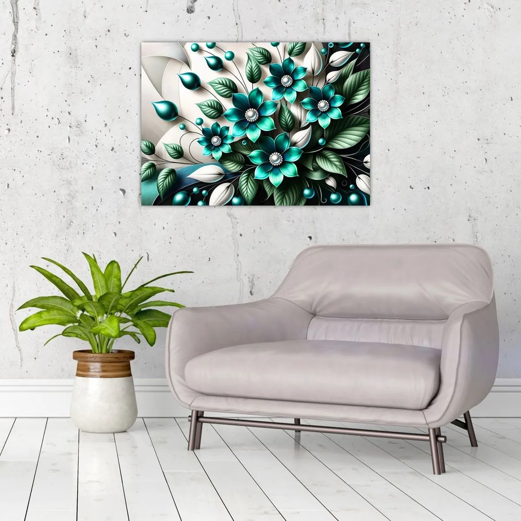 Üveg kép - 3D türkiz virágok (70x50 cm)