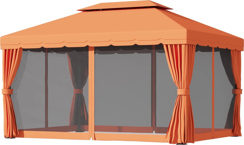 Outsunny Kerti Pavilon 4x3 m Szúnyoghálóval és Napernyő Függönyökkel, Kétszárnyú Kültéri Pavilon UV-Csökkentő Poliészter Borítással és Alumínium Ötvöz