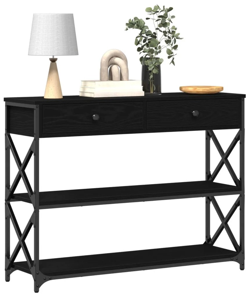 Konzoltábla Fekete Tölgy 100x28x75 cm Mérnöki Fa és Acél