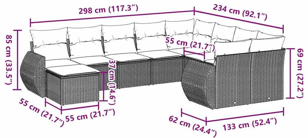 10 részes világosszürke polyrattan kerti ülőgarnitúra párnákkal