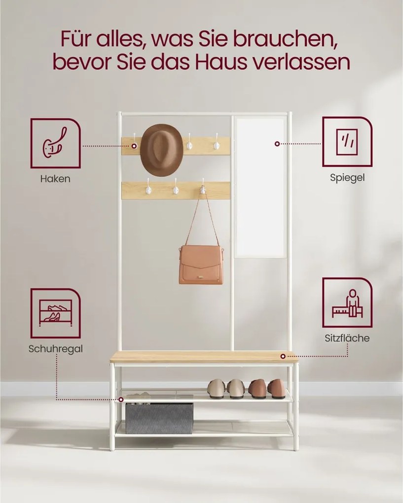 Előszoba fogas, cipőtároló paddal, tükörrel, tölgy és fehér 98×35×180cm