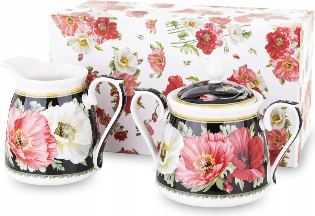 Cukortartó és tejtartó szett fekete virágok