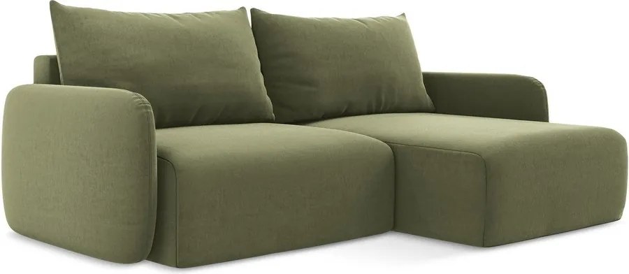 Zöld bársony kinyitható-tárolóhelyes sarokkanapé (jobb oldali-heverő résszel) Kalena – Makamii