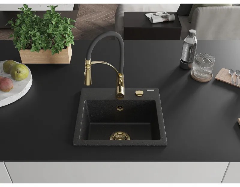 Mexen Milo, 1 kamrás gránit mosogató 435x410x171 mm és Aster mosogató csaptelep, fekete-ezüst metál, 6505-73-73450-57-G