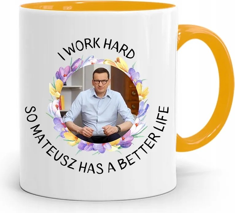 Sárga Politikus Bögre Mateusz Morawiecki Miniszterelnök fényképes nyomtatással