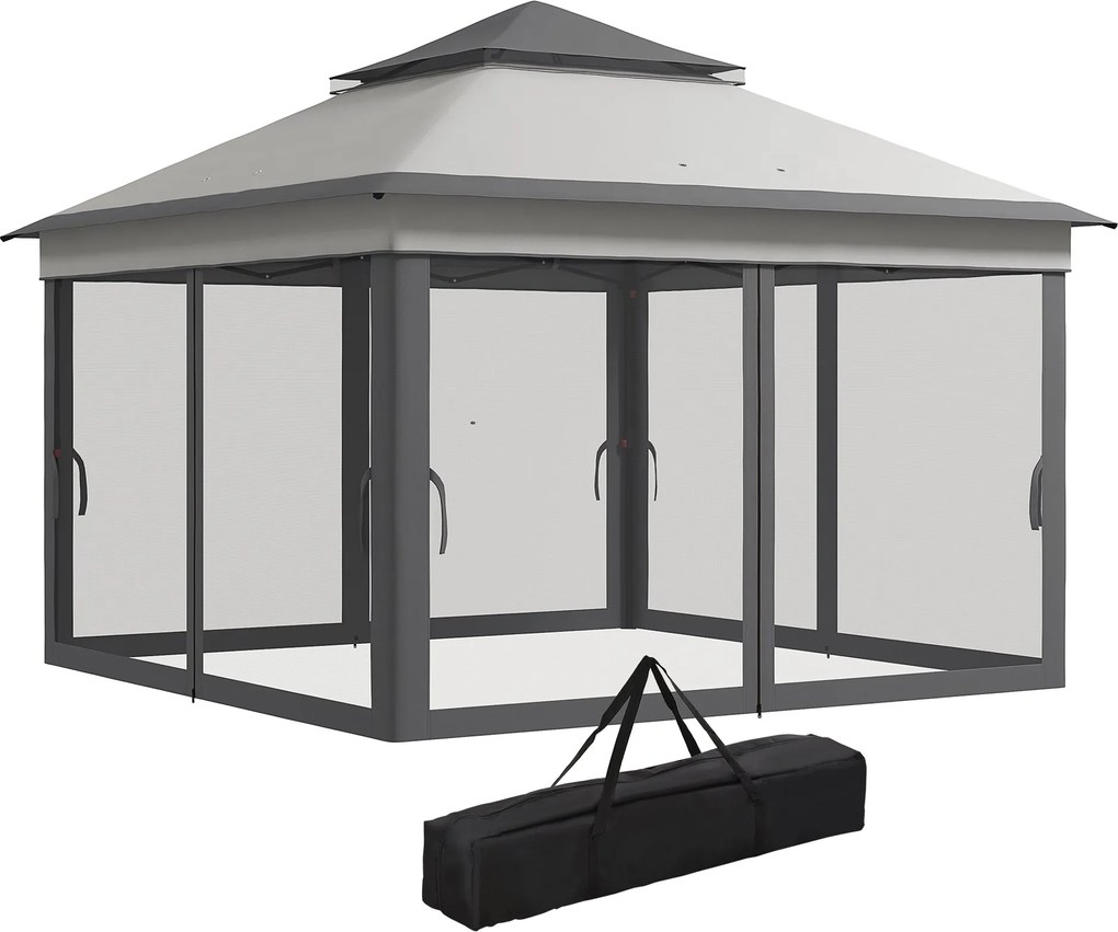 Outsunny Összecsukható Pavilon 3x3x2,7 m Kerti Napernyő Kettős Tetővel, Állítható Magassággal, 4 Szúnyoghálóval, UV30+ Védő Vízhatlan és Hordtáskával