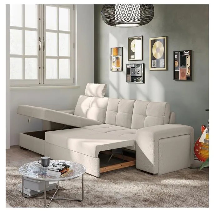PALERMO ággyá alakítható kanapé tárolóval és puffal, világosszürke, balos kivitel