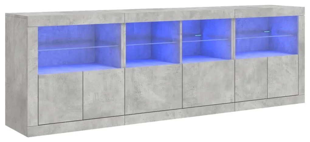 betonszürke tálalószekrény LED-világítással 202x37x67 cm