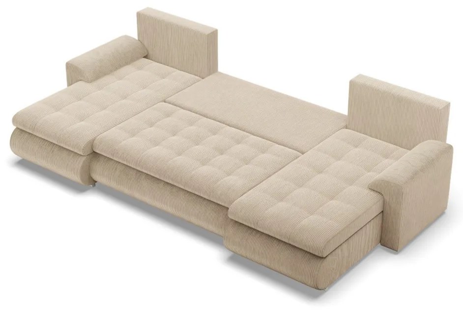 Tokio U alakú sarokkanapé, 3 ágyneműtartóval, kordbársony, univerzális oldal, bézs