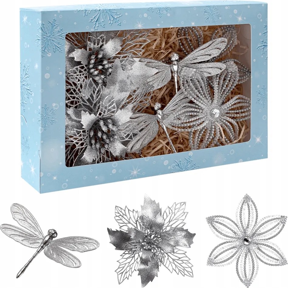 Ezüst karácsonyfadíszek karácsonyfadísz szett karácsonyra hópehely virág