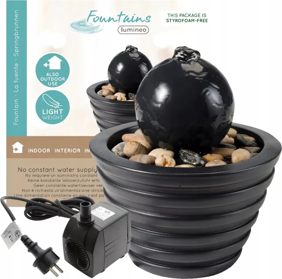 Fekete szökőkút kaspó gömbbel és kövekkel kicsi 18cm Szivattyú