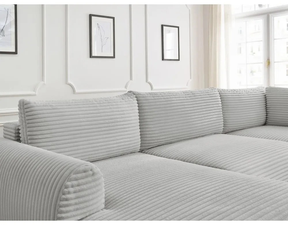 Világosszürke kordbársony kinyitható sarokkanapé (bal oldali-U alakú) Lucien – Bobochic Paris