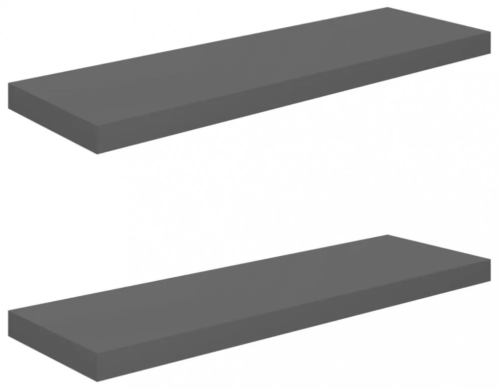 2 db magasfényű szürke MDF lebegő fali polc 80 x 23,5 x 3,8 cm