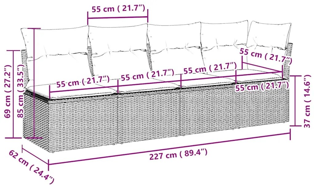 4 személyes világosszürke polyrattan kerti kanapé párnával