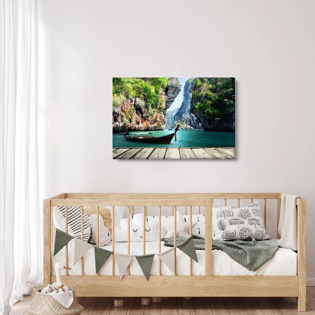 Kép - Víz mediterrán táj csónakkal (90x60 cm)