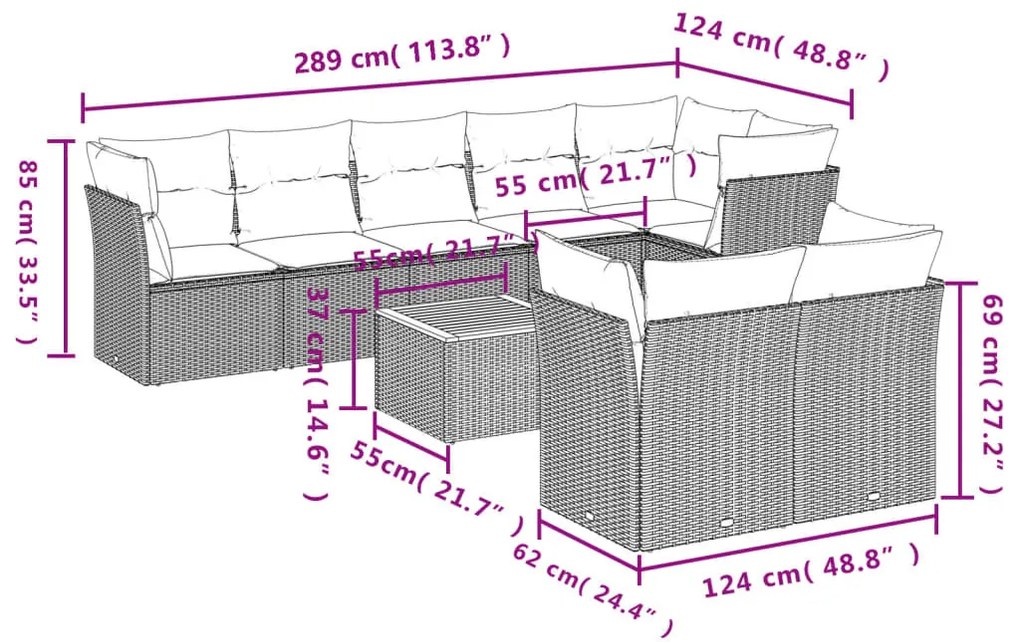 9 részes bézs polyrattan kerti ülőgarnitúra párnákkal