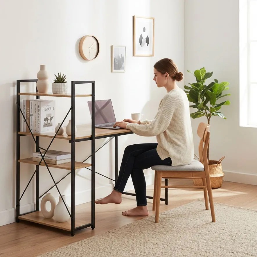 Polcos íróasztal / számítógépasztal 120×64 cm, masszív fém vázzal, fekete–aranytölgy – Intenso Home
