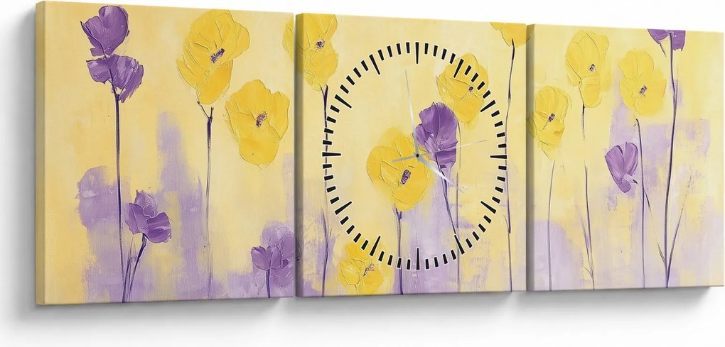 Kép - Lila és sárga virágok (órával) (90x30 cm)