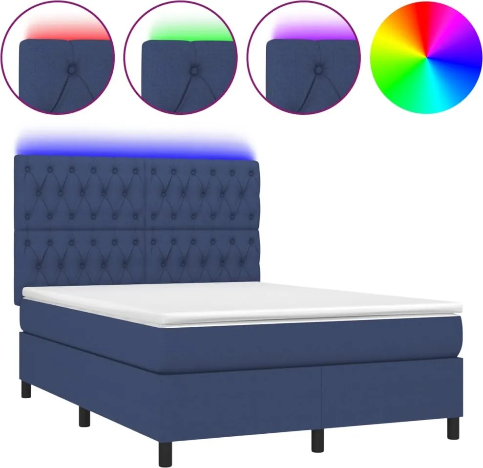 vidaXL kék szövet rugós és LED-es ágy matraccal 140x190 cm