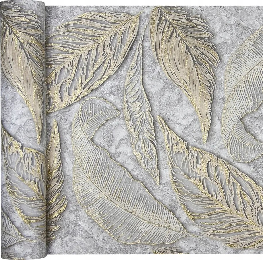 Tapéta Arany levelek és szürke Vakolat Csillámos vinil
