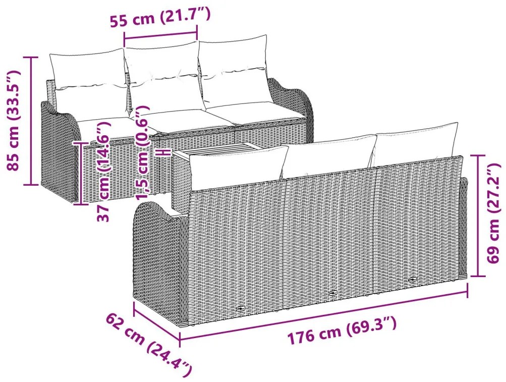 7 darabos kerti kanapé szett párnákkal bézs poli rattan akáciával, 2 fős kert kanapé párnákkal bézs poli rattan